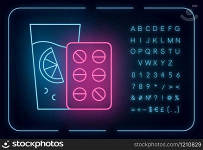 Vitamin intake neon light icon. Orange juice. Diet supplement. Citrus drink with vitamin C. Healthcare and nutrition. Glowing sign with alphabet, numbers and symbols. Vector isolated illustration