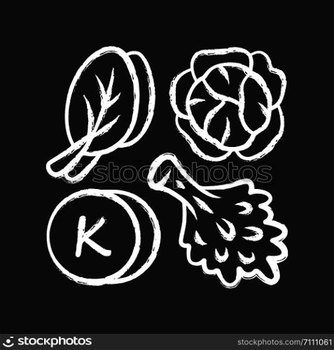 Vitamin K chalk icon. Edible greens and cabbage. Healthy food. Minerals, antioxidants natural source. Proper nutrition. Isolated vector chalkboard illustration