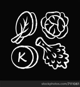 Vitamin K chalk icon. Edible greens and cabbage. Healthy food. Minerals, antioxidants natural source. Proper nutrition. Isolated vector chalkboard illustration
