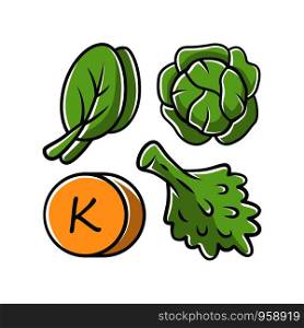 Vitamin K green color icon. Edible greens and cabbage. Healthy food. Minerals, antioxidants natural source. Proper nutrition. Isolated vector illustration