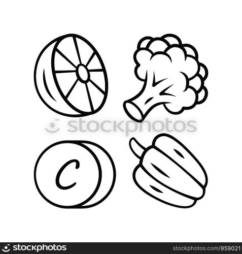 Vitamin ? linear icon. Lemon, broccoli and bell pepper. Healthy eating. Ascorbic acid food source. Vegetables. Thin line illustration. Contour symbol. Vector isolated outline drawing. Editable stroke. Vitamin C linear icon. Lemon, broccoli and bell pepper. Healthy eating. Ascorbic acid food source. Vegetables. Thin line illustration. Contour symbol. Vector isolated outline drawing. Editable stroke