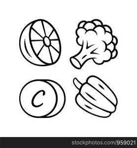 Vitamin ? linear icon. Lemon, broccoli and bell pepper. Healthy eating. Ascorbic acid food source. Vegetables. Thin line illustration. Contour symbol. Vector isolated outline drawing. Editable stroke. Vitamin C linear icon. Lemon, broccoli and bell pepper. Healthy eating. Ascorbic acid food source. Vegetables. Thin line illustration. Contour symbol. Vector isolated outline drawing. Editable stroke