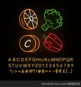 Vitamin ? neon light icon. Lemon, broccoli and bell pepper. Healthy eating. Ascorbic acid natural food source. Vegetables. Glowing sign with alphabet, numbers and symbols. Vector isolated illustration