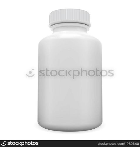 Vitamin pill bottle. White plastic supplement jar, isolated blank. Medical capsule pharmaceutical container design. Aspirin drug tablet bottle illustration, antibiotic cure drugs vertical box. Vitamin pill bottle. White plastic supplement jar