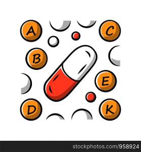 Vitamin pills color icon. A, B, C, D, E, K multi vitamins complex. Multivitamin medication. Vital minerals and antioxidants. Healthcare and medicine. Isolated vector illustration