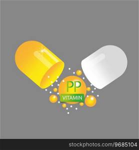 Vitamin PP in open yellow capsule. Health pill. Vector illustration. EPS 10. Stock image.. Vitamin PP in open yellow capsule. Health pill. Vector illustration. EPS 10.