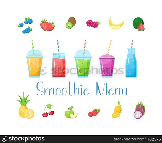 Vitamin smoothie cocktail recipe set vector illustration. Fresh juice shaken energy cocktail in glass, isolated on white background, rainbow colors with fruit collection for vitamin beverage menu. Vitamin smoothie cocktail summer set illustration