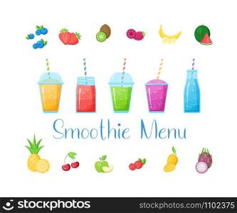 Vitamin smoothie cocktail recipe set vector illustration. Fresh juice shaken energy cocktail in glass, isolated on white background, rainbow colors with fruit collection for vitamin beverage menu. Vitamin smoothie cocktail summer set illustration
