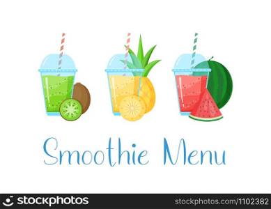 Vitamin smoothie cocktail summer set vector illustration. Fresh juice cocktail in glass, rainbow colors with fruit collection isolated on white background for vitamin beverage design promo. Vitamin smoothie cocktail summer set illustration