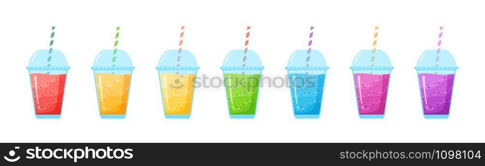 Vitamin smoothie cocktail summer set vector illustration. Fresh juice shaken energy cocktail in glass, rainbow colors collection for vitamin beverage take away or detox diet design promo. Vitamin smoothie cocktail summer set illustration