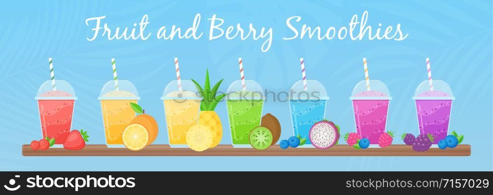 Vitamin smoothie cocktail summer set vector illustration. Fresh juice shaken energy cocktail in glass, rainbow colors with fruit collection for vitamin beverage take away or detox diet design promo. Vitamin smoothie cocktail summer set illustration