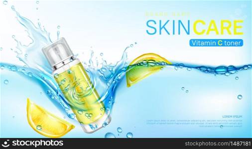 Vitamin toner ad banner, cosmetics bottle floating in fresh water with lemon citrus slices. Beauty cosmetic product pump tube, makeup remover promo poster template. Realistic 3d vector illustration. Vitamin toner banner, cosmetics bottle in water