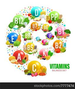 Vitamins and mineral in balanced diet, vitamins sources in food, vector round infographic. Healthy nutrition diagram chart with vitamin and minerals complex in fruits, vegetables, meat and cereals. Vitamins and mineral in balanced diet, food source