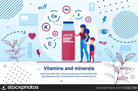 Vitamins and Minerals for Children Growth and Development Trendy Flat Vector Banner, Poster Template. Mother Buying Fresh Juice in Glass Bottle, Full of Useful for Sight Heath Vitamins Illustration