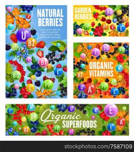 Vitamins and minerals in berries with vector fruits of cherry, strawberry and blueberry, raspberry, blackberry and cranberry, honeysuckle, red and black currant, juniper and gooseberry. Food design. Vitamins in cherry fruits and strawberry berries
