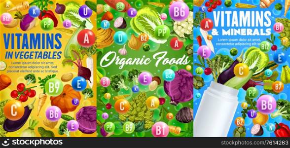 Vitamins and minerals in vegetables. Vector veggies tomato, eggplant and beet, carrot, cabbage and green peas. Broccoli, avocado and onion, cucumber, bell pepper. Potato, corn organic food poster. Vitamins and minerals in vegetables vector veggies