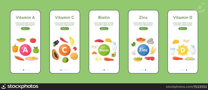 Vitamins and minerals onboarding mobile app screen flat vector template. Healthy natural diet. Walkthrough website steps with objects. UX, UI, GUI smartphone cartoon interface, case prints set. Vitamins and minerals onboarding mobile app screen flat vector template