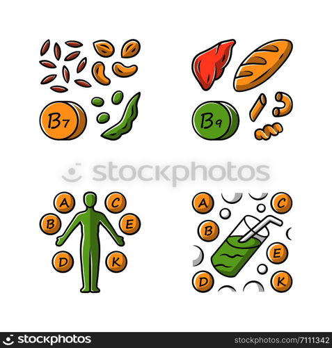 Vitamins color icons set. B1, B9 natural food source. Vitamin complex, cocktail. Nuts, flour products. Proper nutrition. Healthy food. Healthcare. Minerals, antioxidants. Isolated vector illustrations