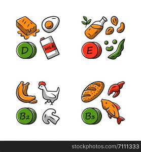 Vitamins color icons set. D, E, B2, B3 vitamins natural food source. Dairy products, nuts. Proper nutrition. Healthy food. Minerals, antioxidants. Isolated vector illustrations