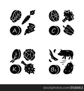 Vitamins glyph icons set. A, C, B1, K vitamins natural food source. Vegetables, edible greens, dairy products. Proper nutrition. Minerals, antioxidants. Vector isolated illustration