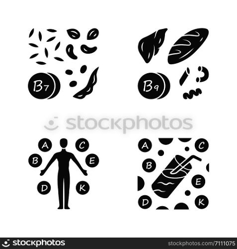 Vitamins glyph icons set. B1, B9 natural food source. Vitamin complex, cocktail. Nuts, flour products. Proper nutrition. Healthy food. Healthcare. Minerals, antioxidants. Vector isolated illustration