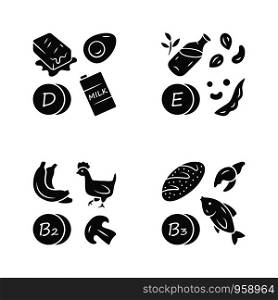 Vitamins glyph icons set. D, E, B2, B3 vitamins natural food source. Dairy products, nuts. Proper nutrition. Healthy food. Minerals, antioxidants. Vector isolated illustration