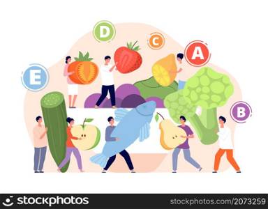 Vitamins in food. Healthy foods, vitamin balance in nutrition. Tasty meals, cartoon fresh eco diet. Flat person cooking dish utter vector concept. Illustration diet food, nutrition healthy vitamin. Vitamins in food. Healthy foods, vitamin balance in nutrition. Tasty meals, cartoon fresh eco diet. Flat person cooking dish utter vector concept