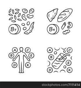Vitamins linear icons set. B1, B9 natural food source. Vitamin complex, cocktail. Nuts, flour products. Minerals, antioxidants. Thin line contour symbol. Isolated vector illustrations. Editable stroke