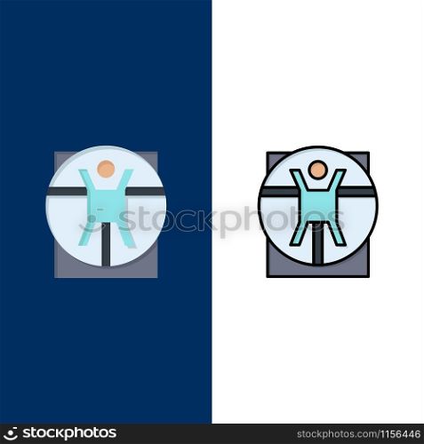 Vitruvian, Man, Medical, Scene Icons. Flat and Line Filled Icon Set Vector Blue Background