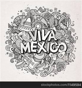 Viva Mexico sketchy outline festive background. Cartoon vector hand drawn Doodle illustration. Line art detailed design with objects and symbols. All objects are separated. Viva Mexico sketchy outline festive background