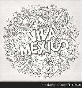 Viva Mexico sketchy outline festive background. Cartoon vector hand drawn Doodle illustration. Line art detailed design with objects and symbols. All objects are separated. Viva Mexico sketchy outline festive background