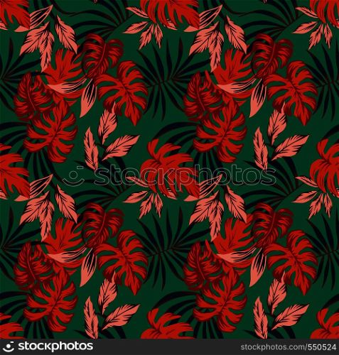 Vivid abstract color tropical leaves monstera. Fabric seamless pattern on the mint background