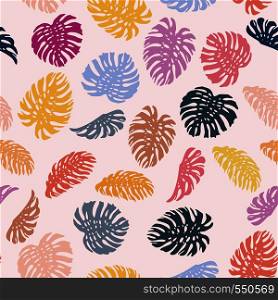 Vivid abstract color tropical leaves monstera seamless vector pattern on the pink background. Fresh contemporary composition