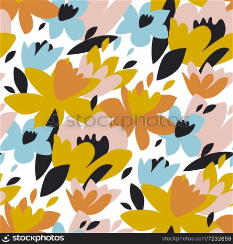 Vivid abstract hand drawn flowers seamless pattern for background, wrap, fabric, textile, wrap, surface, web and print design. Shabby loose floral repeatable motif for garment industry