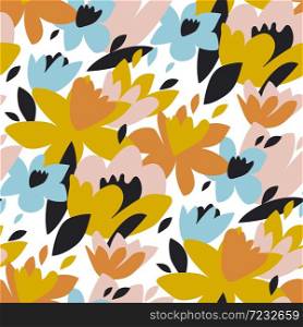 Vivid abstract hand drawn flowers seamless pattern for background, wrap, fabric, textile, wrap, surface, web and print design. Shabby loose floral repeatable motif for garment industry