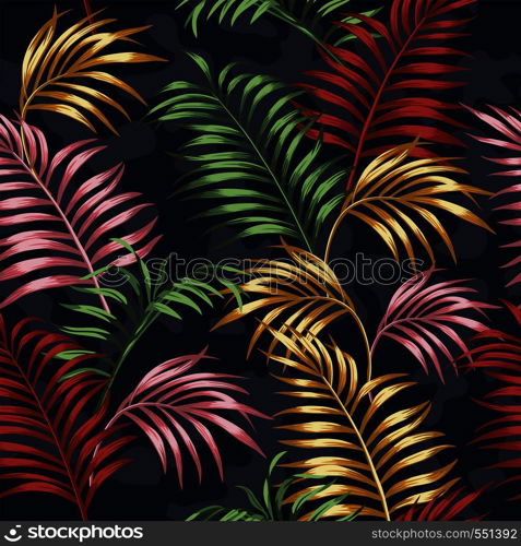 Vivid color tropical leaves seamless vector pattern on the blue camo background