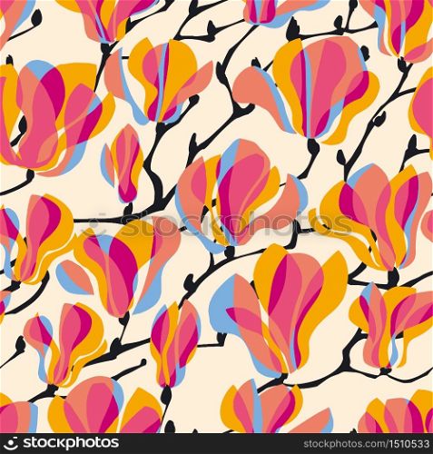 Vivid colors modern urban style magnolia flower blossom. Floral seamless pattern for background, fabric, textile, wrap, surface, web and print design.