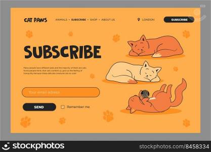 Vivid email subscription design with lovely cats. Online newsletter template with sleeping or playing kittens. Pets and domestic animals concept. Design for website illustration