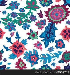 Vivid floral motif or background with colorful blooming and decorative foliage. Abstract botanical composition with branches and leaves of exquisite plants. Seamless pattern, vector in flat style. Spring or summer floral blossom seamless pattern