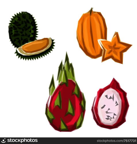 Vivid geometric asian tropical fruits in low poly style. Whole and halves polygonal yellow star fruit, pink dragon fruit and green durian fruits. Great for recipe book and fruity dessert design. Polygonal geometric asian tropical fruits