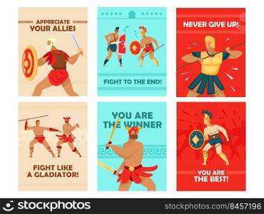 Vivid greeting card designs with gladiators fighting. Coliseum warriors with swords and helmets, motivational text. Fencing club, hobby concept for promotional leaflet or flyer