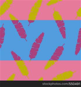 Vivid multicolor silhouette banana leaves on the stripe blue pink background. Seamless vector composition, trendy color pattern