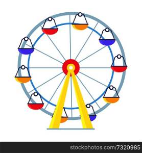 Vivid picture of Ferris Wheel with lots of colorful cabs for amusement park or playground for children. Isolated vector illustration on white backfit.. Colorful Vector Poster of Ferris Wheel on White