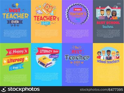 Vivid Posters on School Theme Vector Illustration. VIvid posters on school theme representing decorated title in frame or written in ribbon and pictures of teachers vector illustration