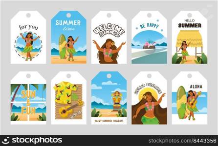 Vivid promo tags design for Hawaii vector illustration. Hawaiian elements and text. Summertime and vacation concept. Template for promotion poster, advertising label or flyer