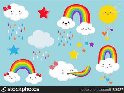 vivid rainbow set with cloud,sun,star,heart illustration for sticker,postcard,birthday invitation.Editable element