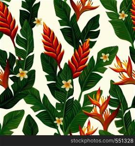 Vivid realistic vector tropical red, orange flowers and green banana leaves seamless pattern on the white background