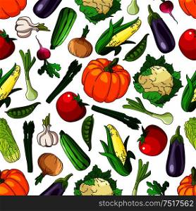 Vivid seamless organic farm grown vegetables pattern background with tomatoes and eggplants, pumpkins and corn cobs, peas and garlics, onions and radishes, asparagus and cauliflowers, chinese cabbages and zucchini. Seamless farm grown organic vegetables pattern