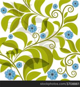 Vivid seamless pattern with green branch and blue flowers (vector EPS 10)