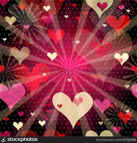 Vivid seamless valentine pattern with translucent gold and red hearts and rays (vector EPS 10)